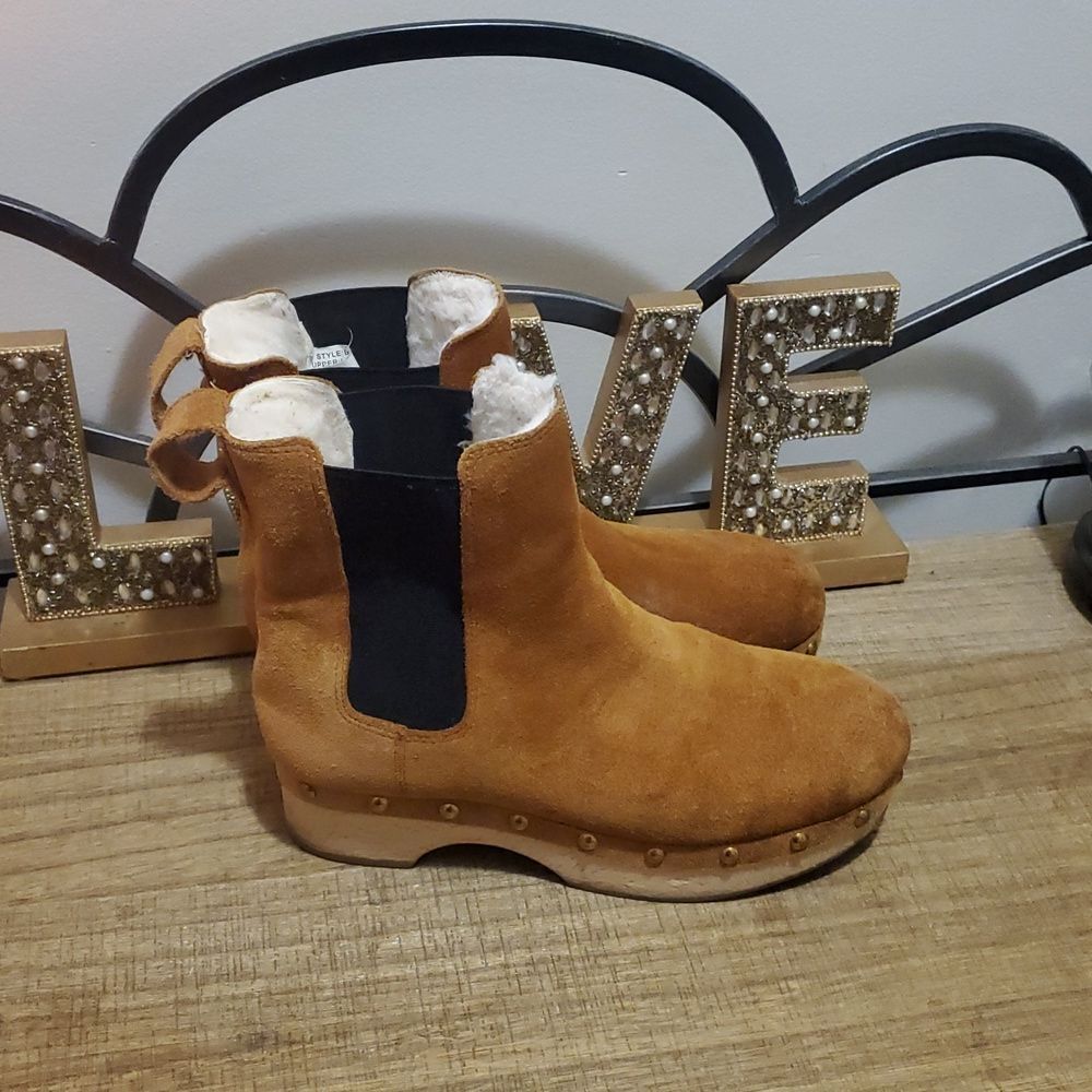 J. Crew Womens Suede Faux-fur Lined Wooden Clog Platform Chelsea Boots Sz 6 Boho - Picture 3 of 11